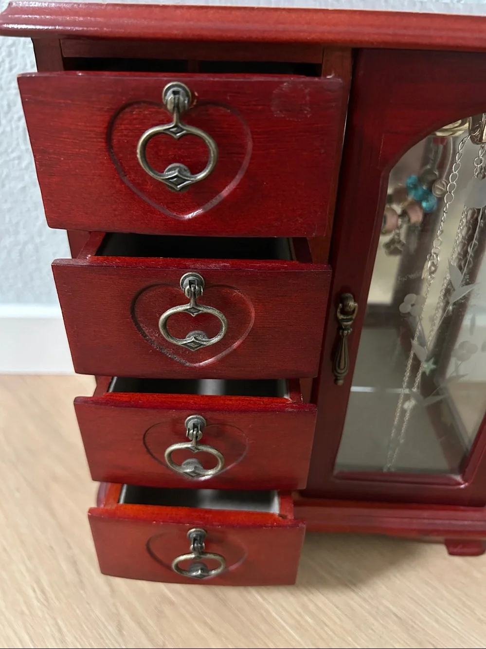 Red Wooden Jewelry Armoire with Glass Door Jewelry Wood Storage Cabinet-Small